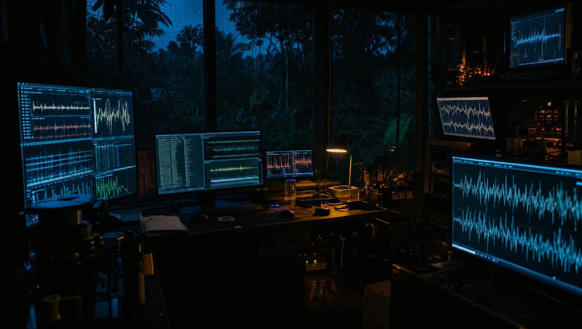 The same lab at night, every monitor glowing with waveforms and telemetry, lit by a single desk lamp