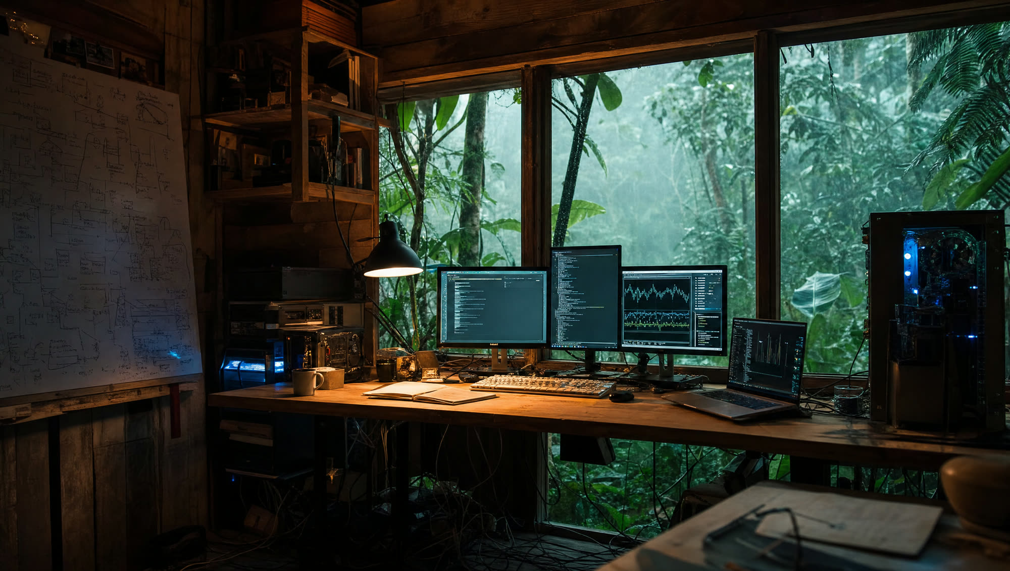A plank desk of monitors and a whiteboard of architecture diagrams against a rain-soaked jungle window
