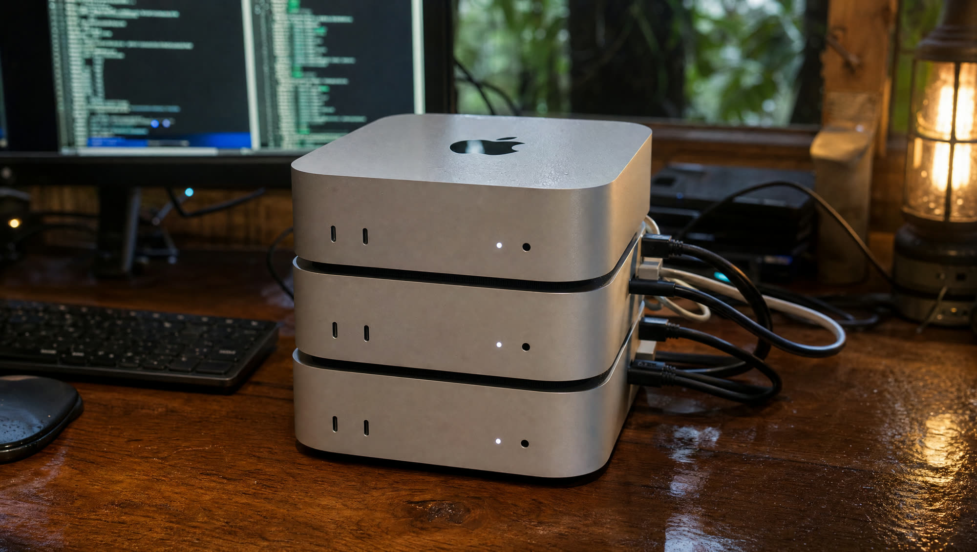 Three stacked silver Apple machines on a wooden desk, cables trailing out the back, jungle through the window