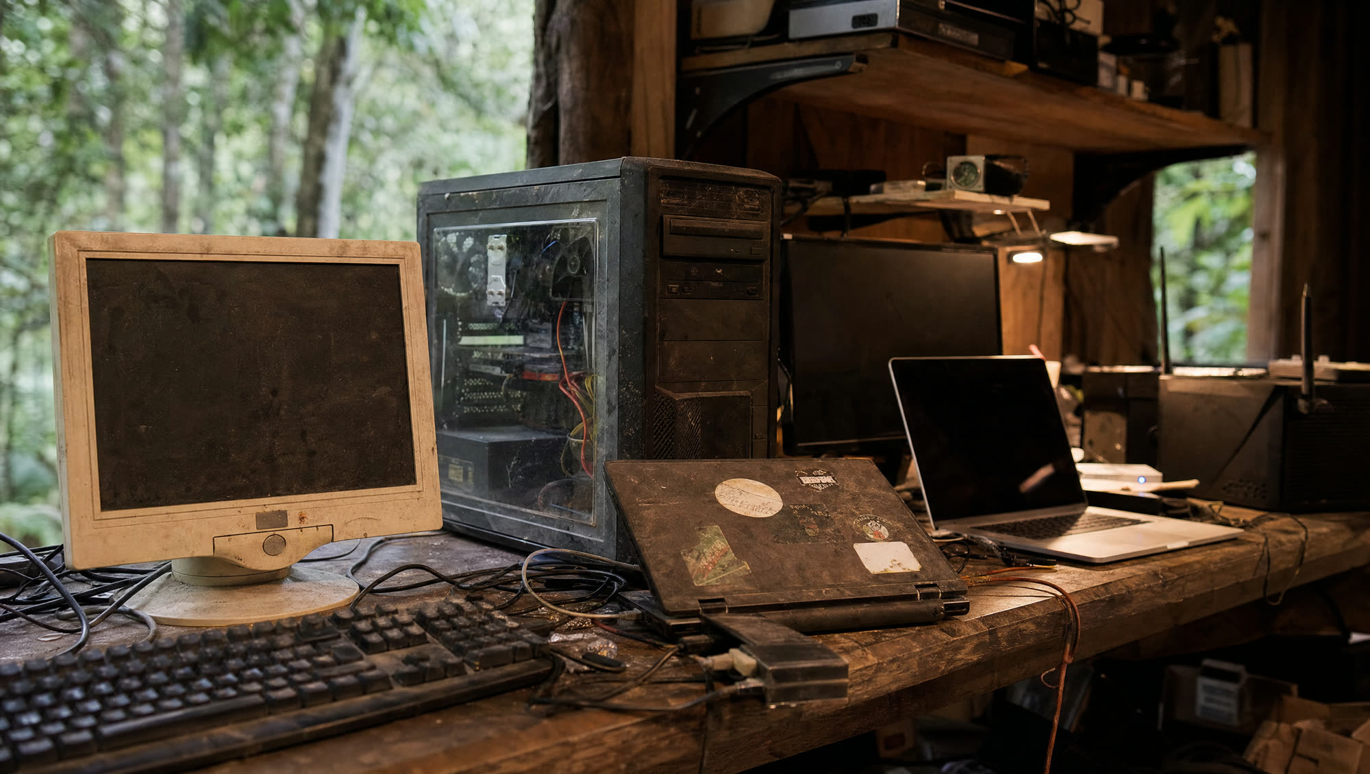Salvaged hardware on a rough timber shelf: a revived CRT monitor, a grimy tower, a sticker-covered laptop
